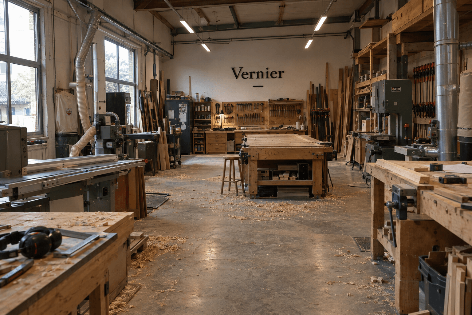 Intérieur de l'atelier Vernier à Lille : établi central, machines à bois et outils à main
