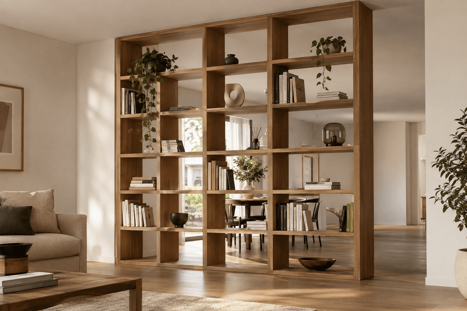 Bibliothèque traversante en chêne massif huilé séparant un salon et une salle à manger