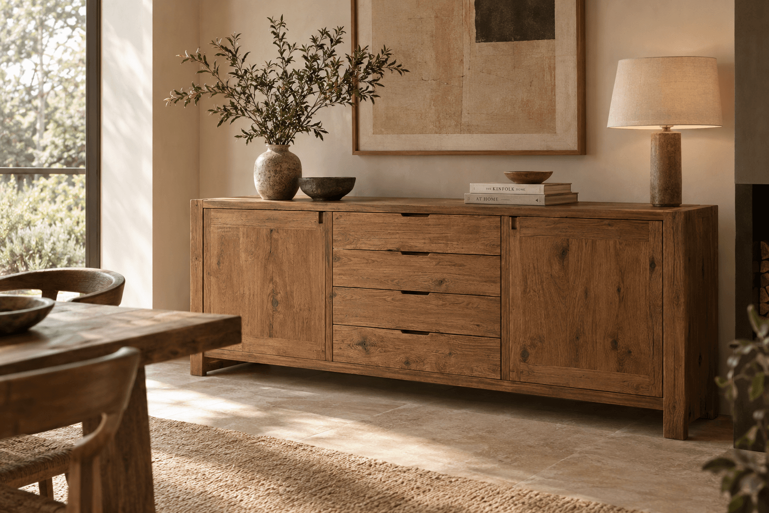 Commode basse en chêne ancien brossé, deux portes et quatre tiroirs, dans un séjour lumineux