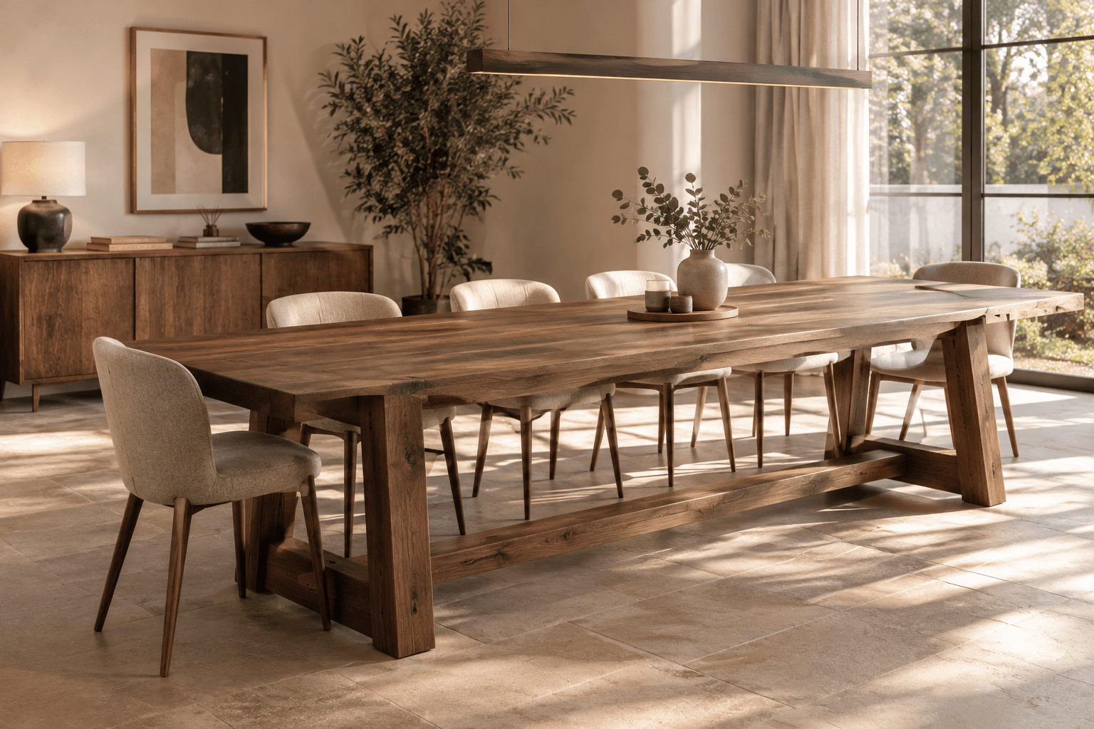 Table de ferme de 3,2 m en noyer d'Europe massif dans une salle à manger lumineuse